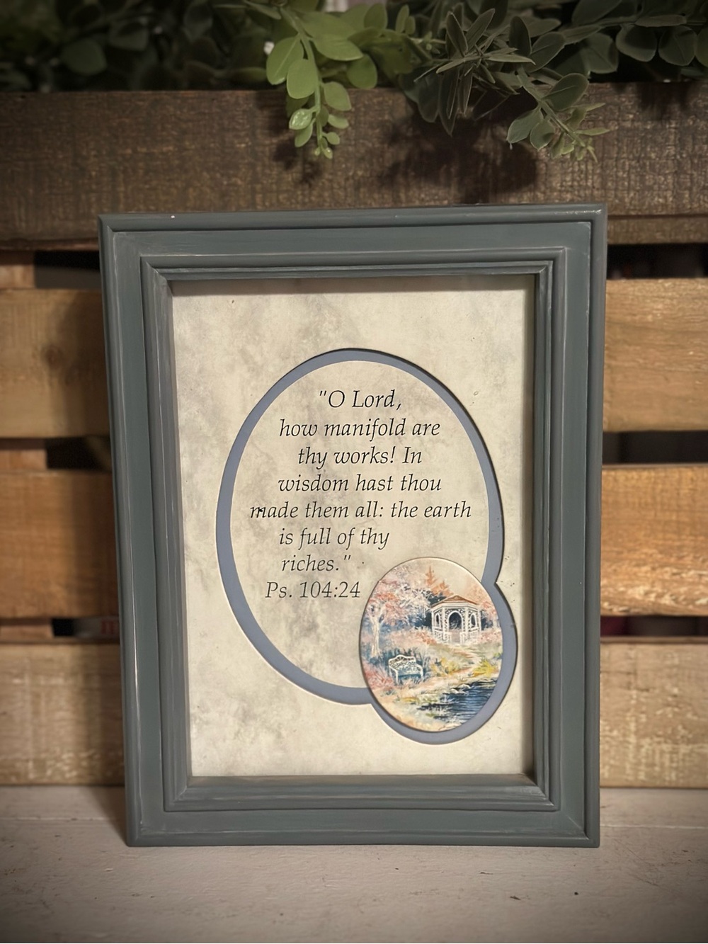 Framed Inspirational Scripture Art - Psalm 104:24 - Gray/Blue Frame